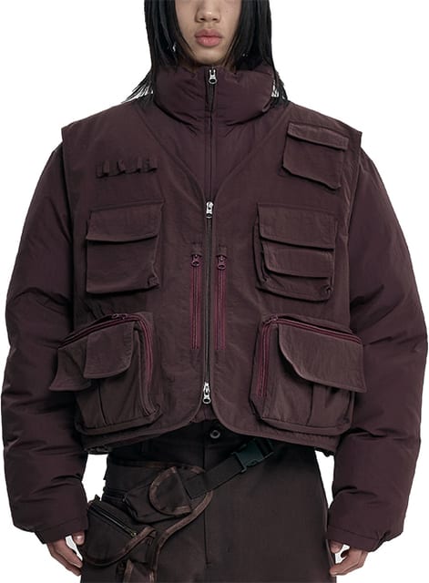 Cargo Vest Layered Padded Jacket [BROWN]