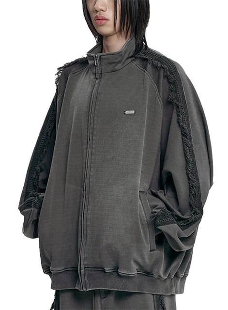Lace Trimming Raglan Track Jacket [CHARCOAL]