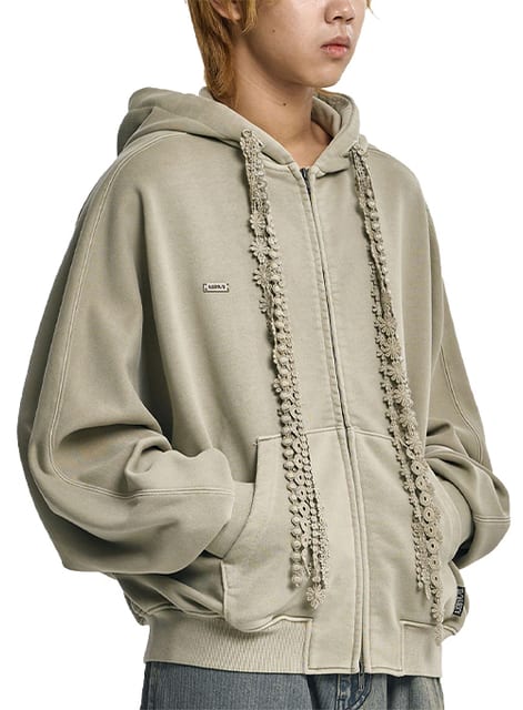 Laced Multi-Drawstring Zip-Up Hoodie [BEIGE]