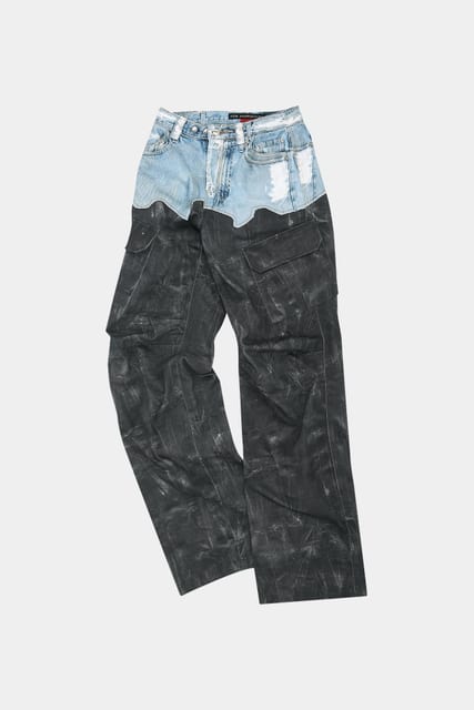 FAUX-DENIM & SCRATCH LEATHER PRINTED CARGO-PANTS apa703m(DENIM/BLACK)