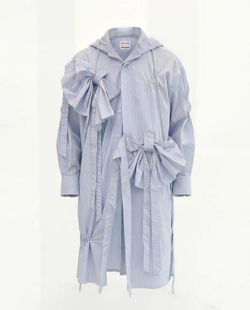 Hood Ribbon Long Shirt (Sky Blue Stripe)