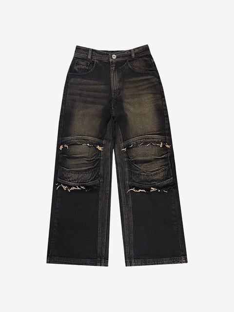 KNEE POINT WASHED DENIM PANTS BROWN