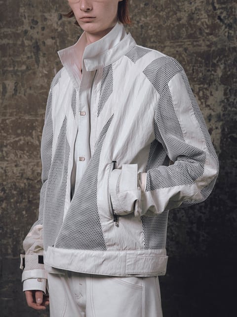 FAUX LEATHER MESH TRACK JACKET / CREAM WHITE