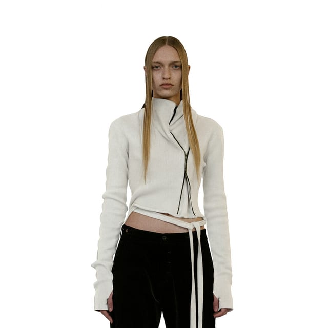 ZIP BELT EGG CLUSTER SLEEVE KNIT BLOUSE / IVORY