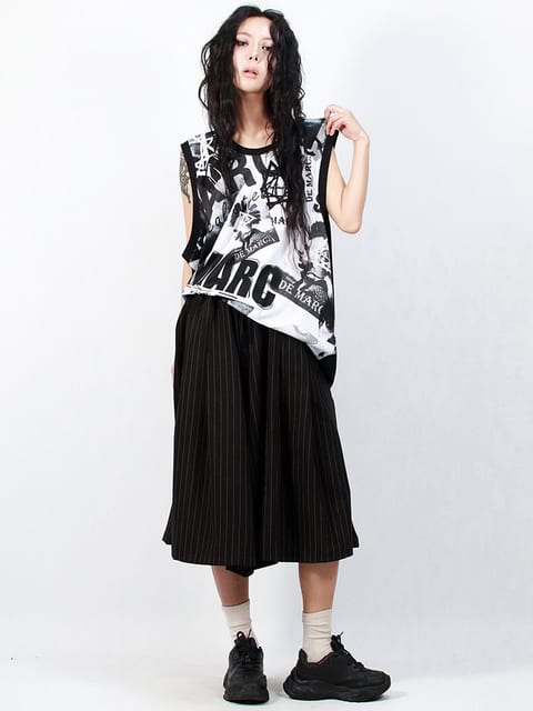 Real wide two tuck stripe bumuda pants - Black