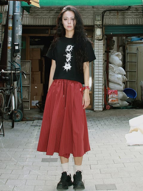 Real wide two tuck stripe bumuda pants - burgundy