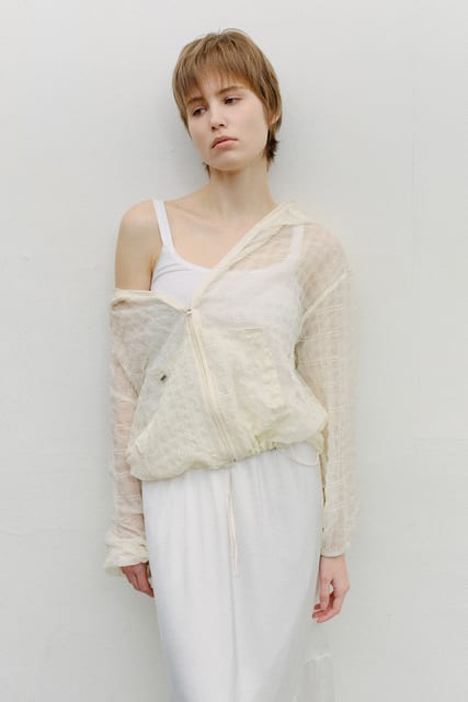 SHEER CHECK HOODED WINDBREAKER - CREAM