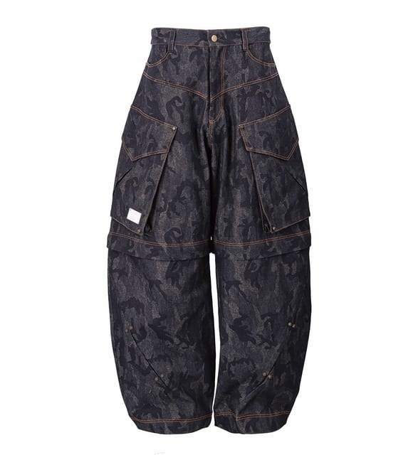 SCAR DETACHABLE CARGO DENIM PANTS - BLACK CAMO