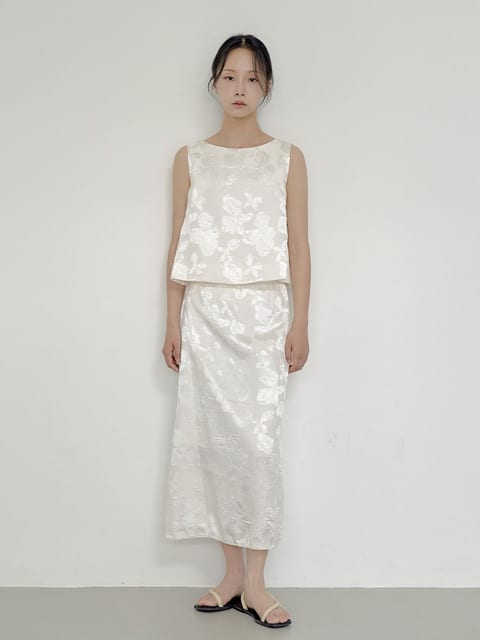 Floral Satin Jacquard Midi Skirt - White/Black