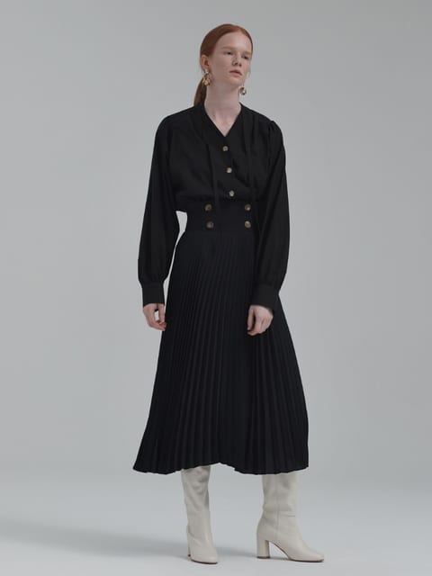 BUTTONED PLEATED MIDI SKIRT (BLACK)