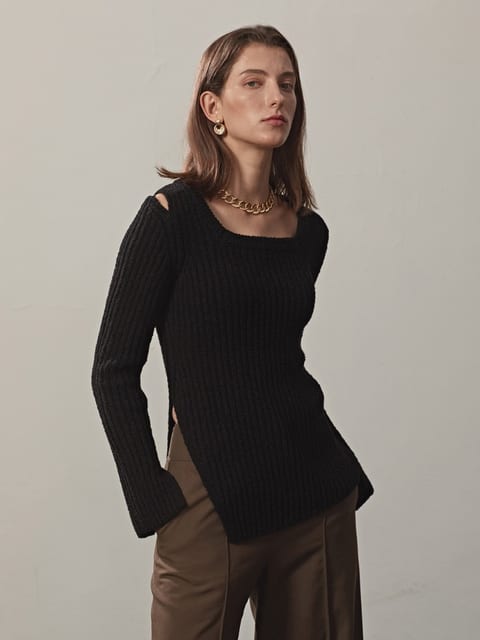 RIBBED-KNIT SQUARE NECK PULLOVER(BLACK)