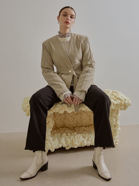 No Collar Padding Belt Jacket, Light Beige