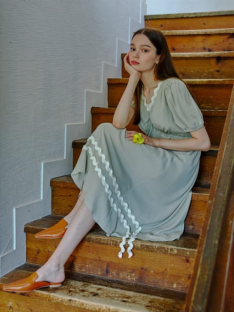 Pleated Wave Tape Dress, Light Green