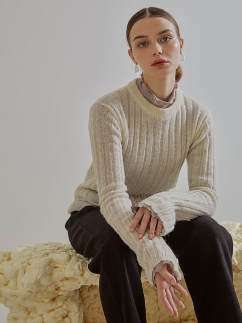 Scallop See-Through Knit Top, Cream