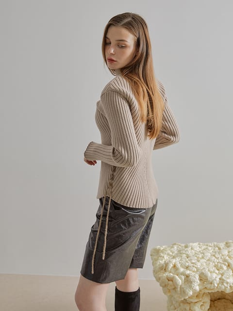 Slit Sleeve Side Strap Knit Top, Beige