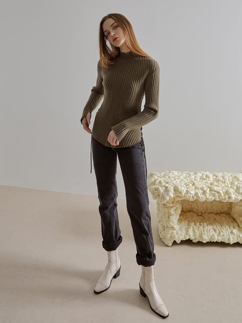 Slit Sleeve Side Strap Knit Top, Khaki