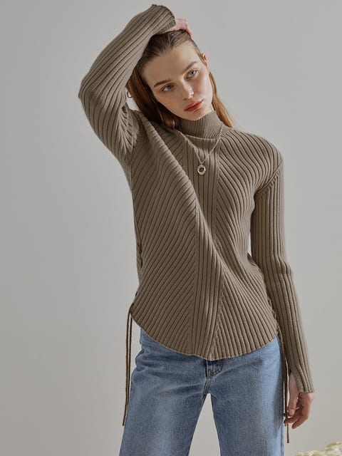 Slit Sleeve Side Strap Knit Top, Mocha