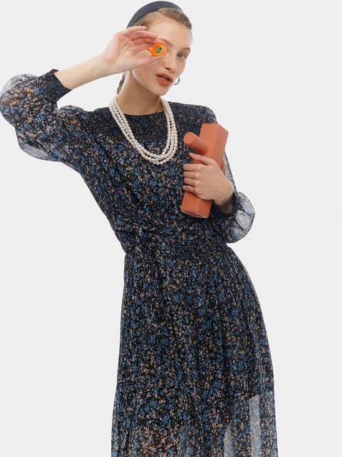 Smock Shirring Lace Dress, Blue