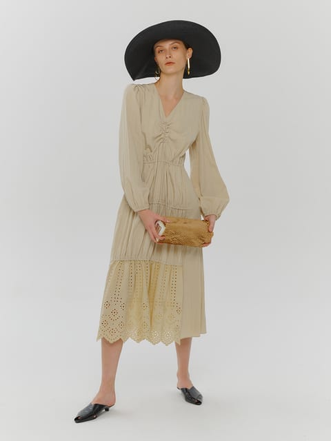 Stair Shirring Punching Dress, Light Beige