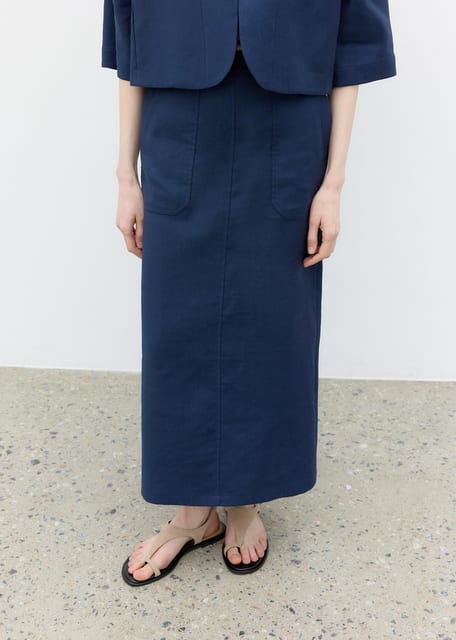 Linen Back-Banding Long Skirt(Navy)