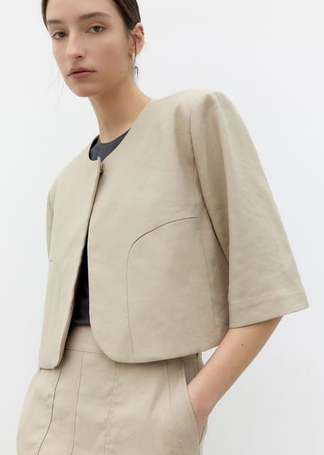 Linen No Collar Half-Length Jacket(Beige)