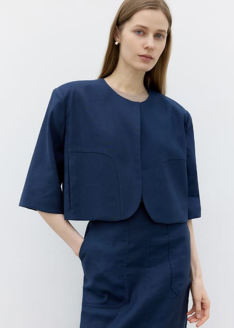 Linen No Collar Half-Length Jacket(Navy)