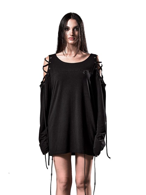 CUT-OUT LACED EYELET LONGSLEEVE TOP BLACK