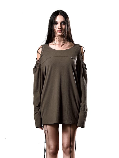 CUT-OUT LACED EYELET LONGSLEEVE TOP KHAKI BROWN