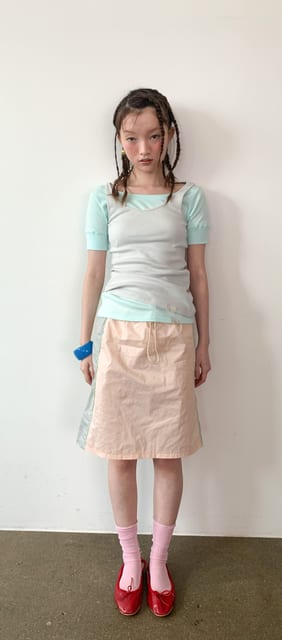 [F.E.E.S] color block string skirt (apricot)