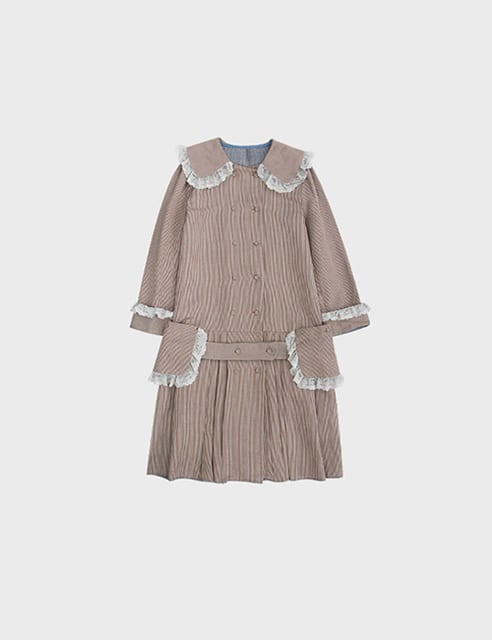 (limited)ruffle lace trench coat in brown stripe