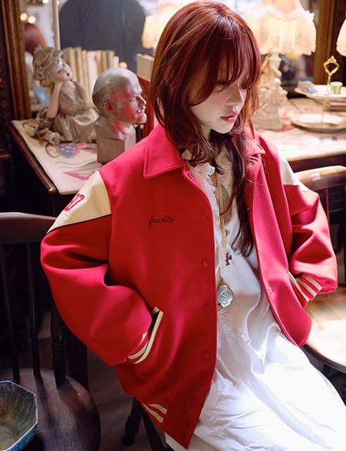 oversized varsity wool jacket in red