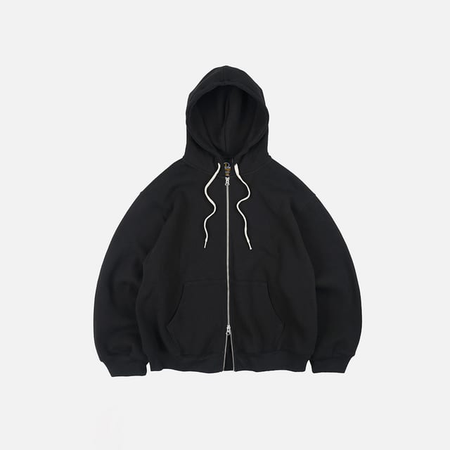 Waffle hood zip up parka _ black