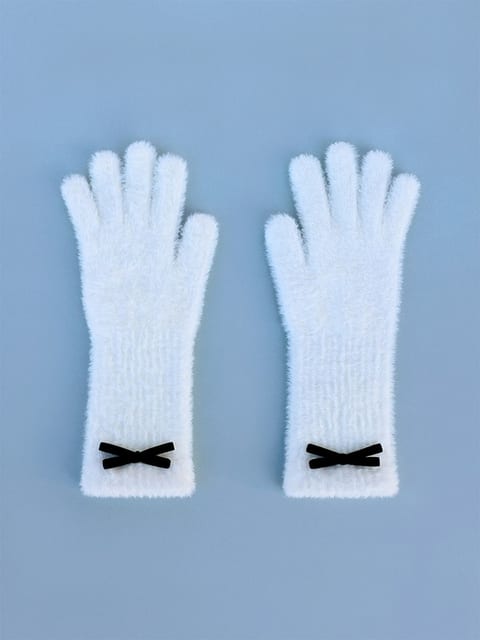 Fuzzy Ribbon Finger Hole Gloves - White