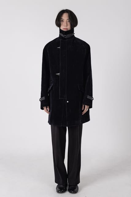 Leather-Trimmed Washed Denim Velour Coat