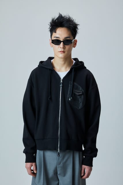 (UNISEX) BLACK LEATHER TRIM ZIP HOODIE
