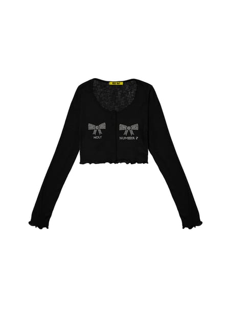 RIBBON HOTFIX CROP CARDIGAN_BLACK
