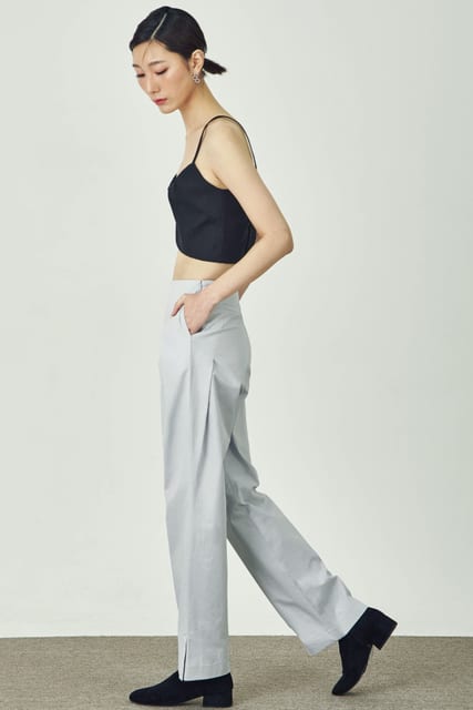 COTTON HEM SLIT TROUSERS-whiteblue