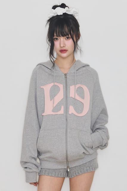 129 로고 패치 후드 집업 라이트 그레이