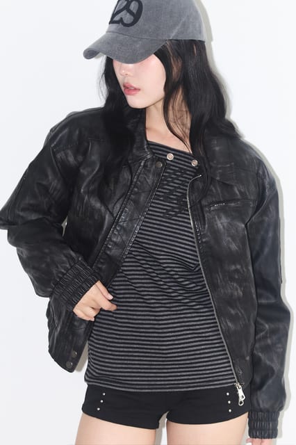 워시드 레더 봄버 자켓 블랙