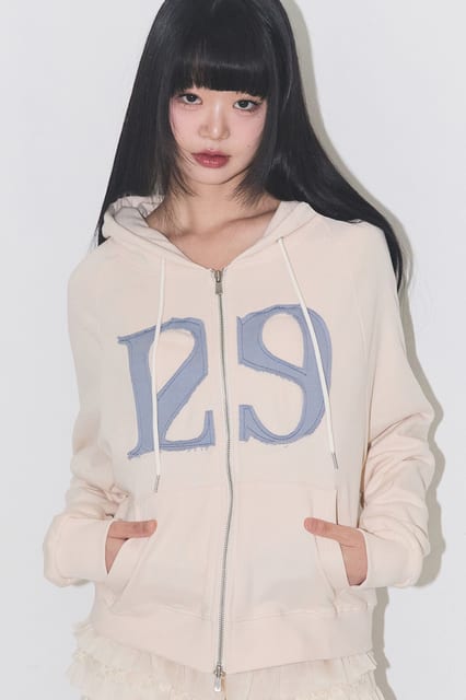 129 로고 패치 후드 집업 크림
