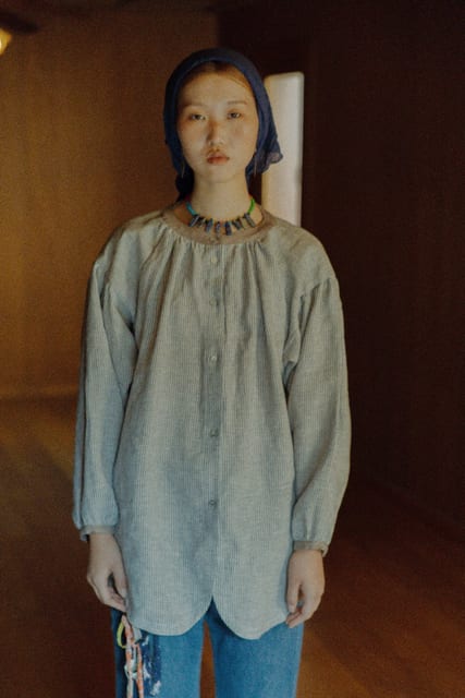 linen shirring shirt - blue Stripe