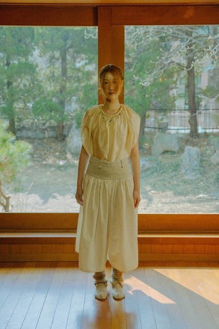 white melange shirring pants