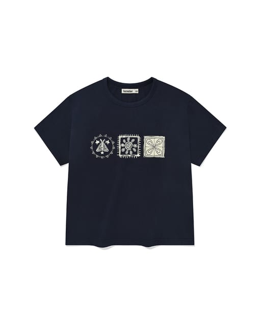 (W) Stamp crop half T-shirts / Navy