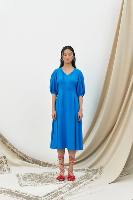 Balloon Sleeve Satin Shirring Dress, Blue