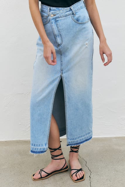Deconstructed Denim Long Skirt, Light Blue