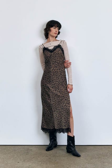 Lace Satin Slip Dress, Khaki