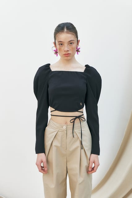 Square Neck String Blouse, Black