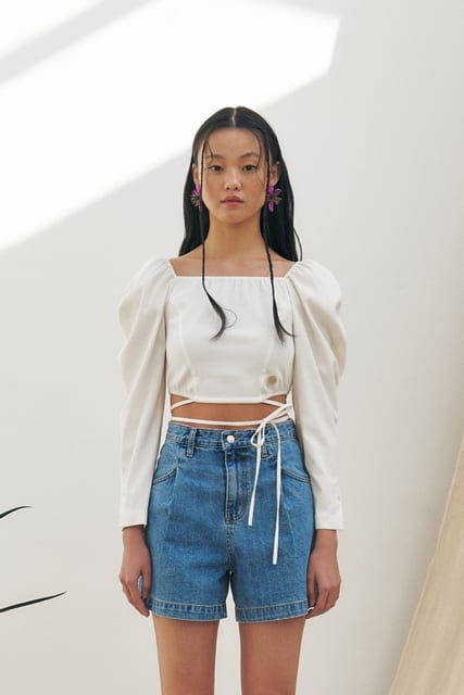 Square Neck String Blouse, Ivory