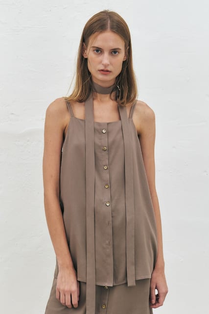 Tencel Twill Sleeveless Scarf Top, Dark Beige