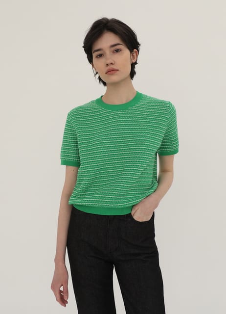 Eyelet Jacquard Half Sleeve Knit - Green
